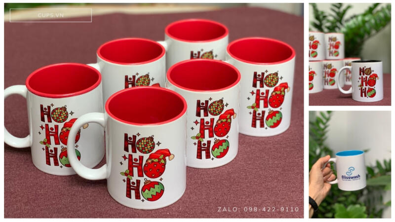 Ngoại thất in logo tối giản, bên trong ly hoặc quai phủ men màu nổi bật