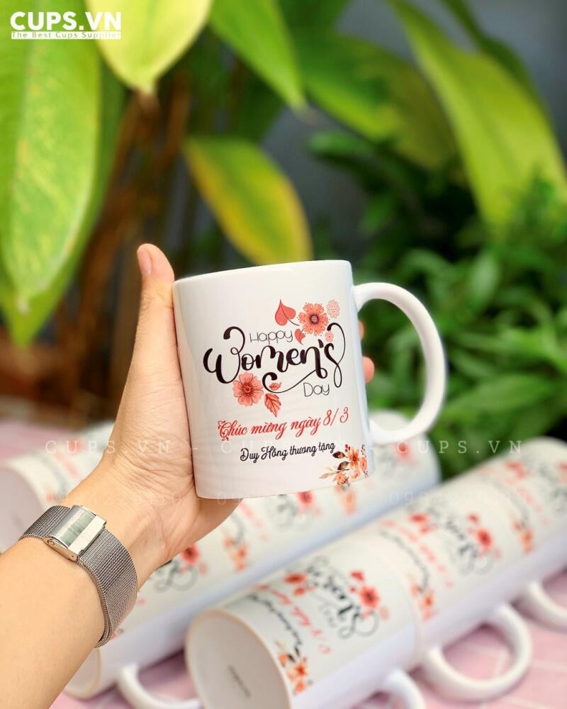 Bộ ly sứ quà tặng 20/10 in logo & tên nhân viên cho công ty