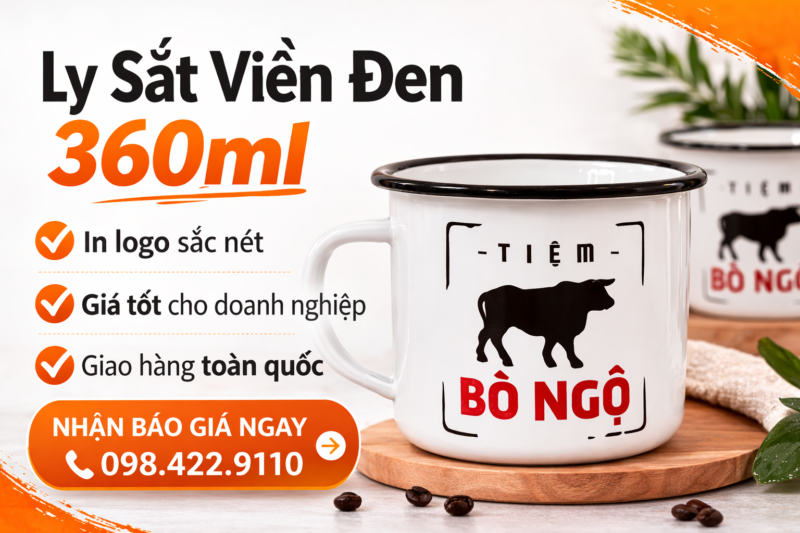 Ly sắt tráng men viền đen phong cách vintage, phù hợp làm quà tặng cá nhân, quà tặng doanh nghiệp và sản phẩm camping.