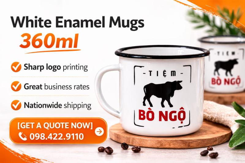 Black rim enamel mug with vintage design, durable construction, and ideal for camping, outdoor activities, and branded merchandise.